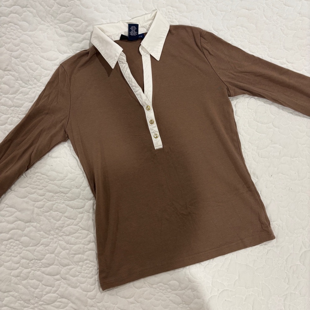 Vintage Karen Scott Petites Brown and White collared long sleeve shirt